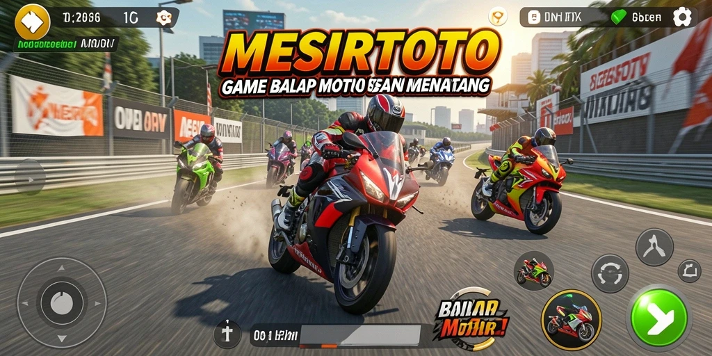 Tampilan antarmuka MESIRTOTO dengan motor balap yang siap melaju.