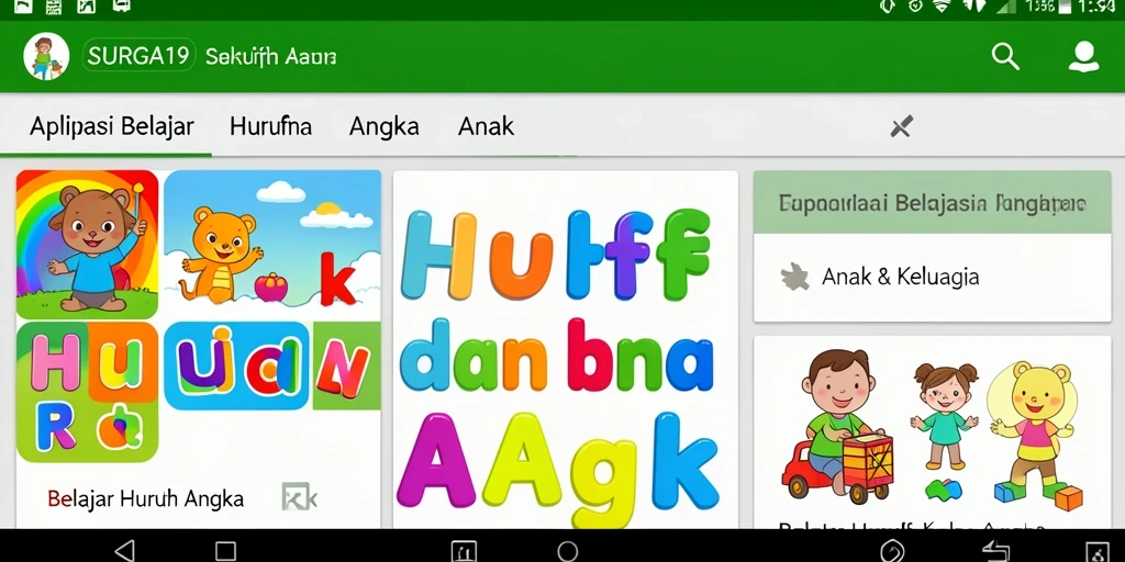 Tampilan antarmuka SURGA19 untuk belajar huruf dan angka.