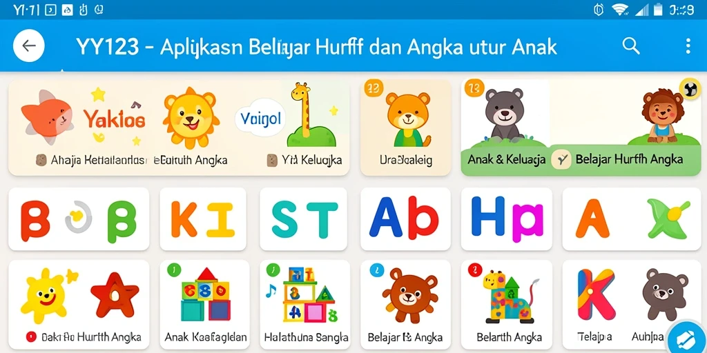 Antarmuka aplikasi YY123 yang menyenangkan untuk belajar huruf dan angka.